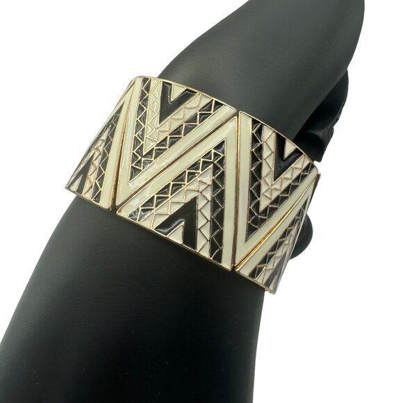 Vintage Gold & Enamel Chevron Pattern Cuff Bracelet Retro Art Deco-Inspired - Picture 2 of 6